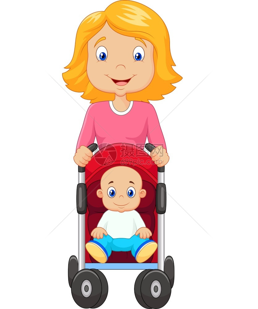 一个母亲推着婴儿车的卡通图片
