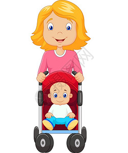 推婴儿的素材一个母亲推着婴儿车的卡通插画