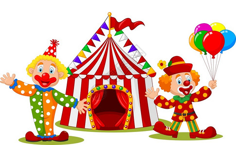 圆顶帐篷在马戏团帐篷前的卡通快乐小丑插画