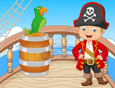 劫持船上有绿色鹦鹉和卡通海盗插画