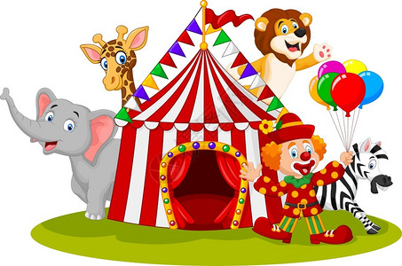 马戏团狮子动物马戏团和小丑插画