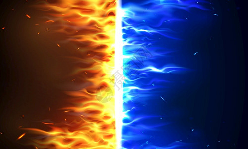 蓝色火爆炸火焰和闪电燃烧矢量背景插画