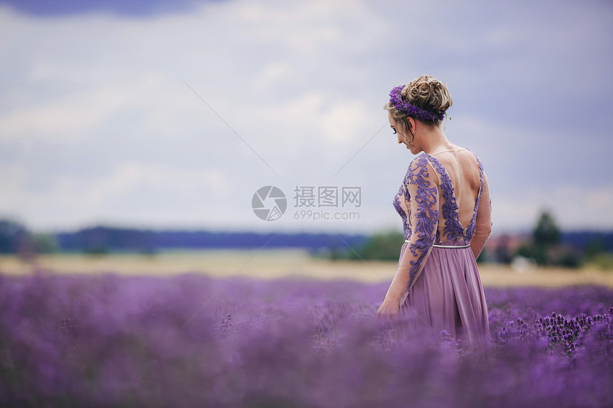 穿紫色衣服的美丽浪漫女人肖像在熏衣草田里图片