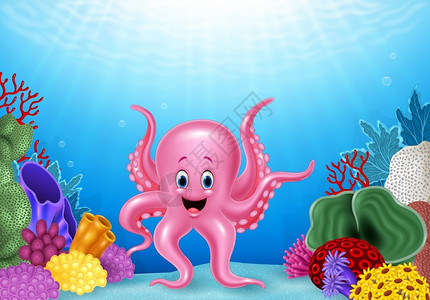 忍野八海景点在海底世界里的小章鱼卡通矢量插画插画