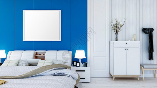 蓝色空白横板卧室墙壁上空白的相片框用于模拟3D显示背景