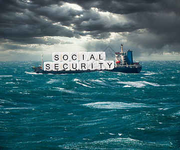 在风暴海的货运船上携带社保信作为向老年人提供usa养恤金资问题的概念社会保障信托基金面临用尽危险的概念背景