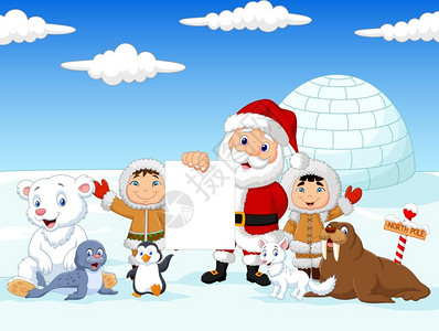 南方的雪冬天圣诞老人和孩子们插画