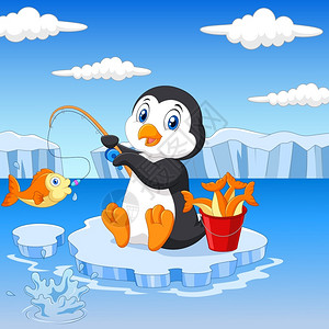 冰上钓鱼企鹅在北极冰上捕鱼插画