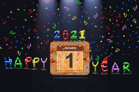 木制日历首个月为201年彩色文本快乐年3D翻譯图片