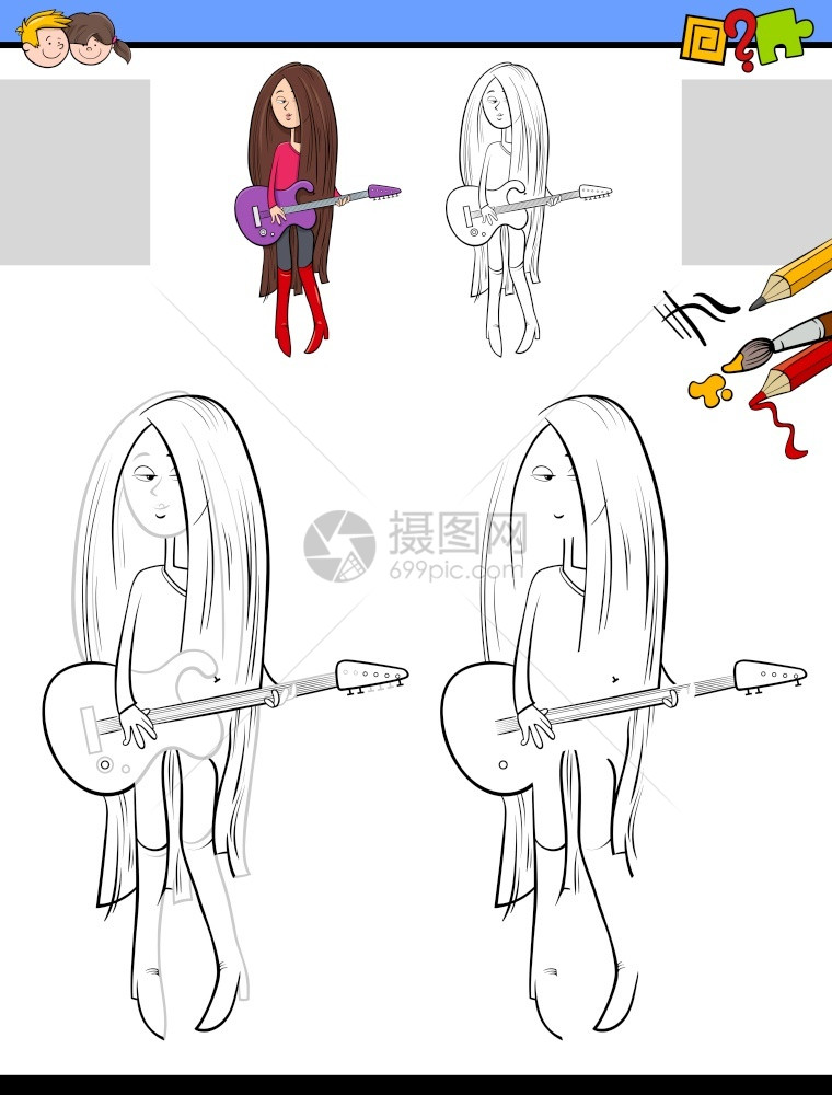 玩吉他的女孩彩色教育插图图片