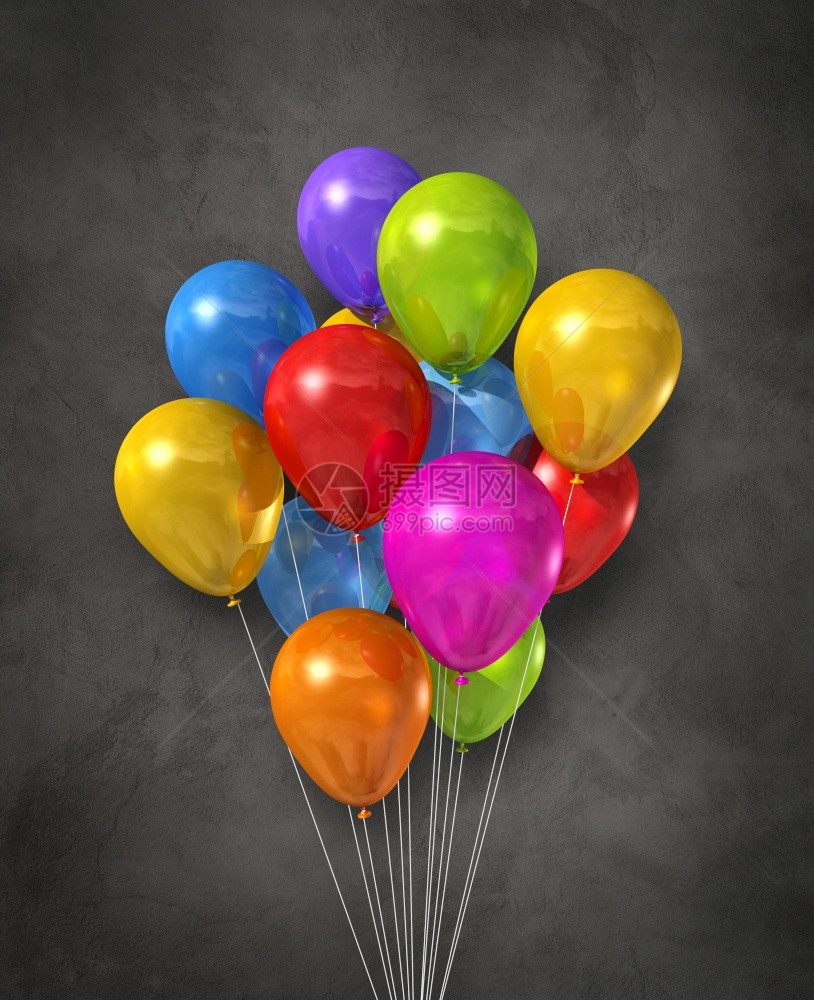 深混凝土背景上的多彩气球组3d显示混凝土背景上的多彩气球组图片
