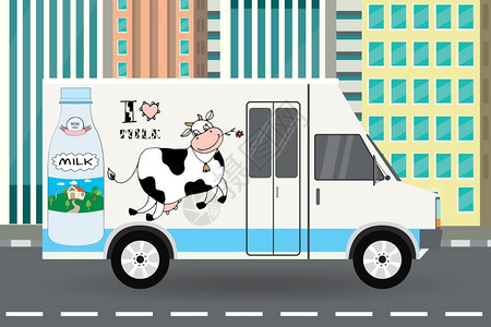 巴氏杀菌城市公路商用卡车上的牛奶矢量说明图插画