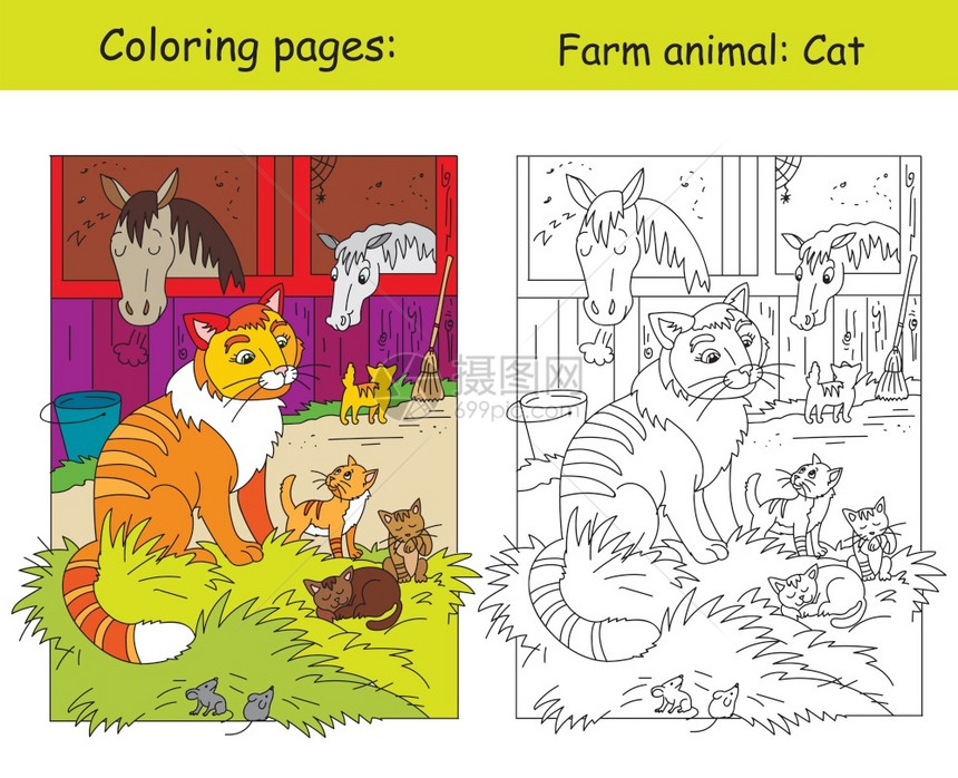 分别为彩色和黑白轮廓的猫和马漫画插图图片