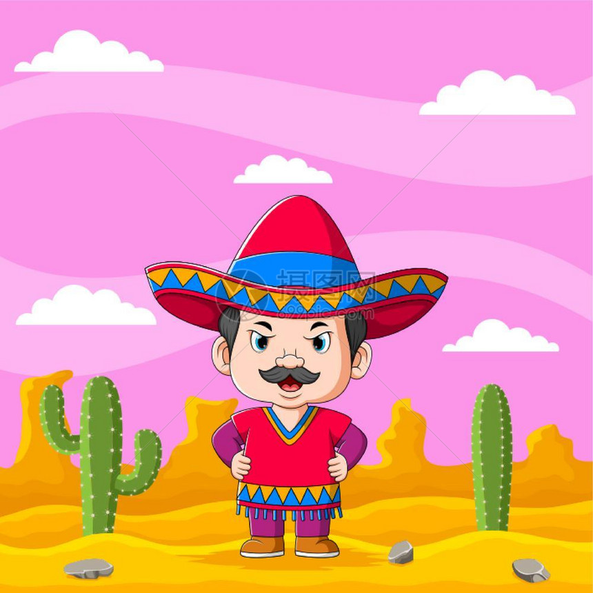 站在沙漠中的墨西哥男人卡通矢量插画图片