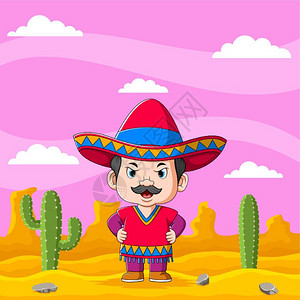 站在沙漠中的墨西哥男人卡通矢量插画图片