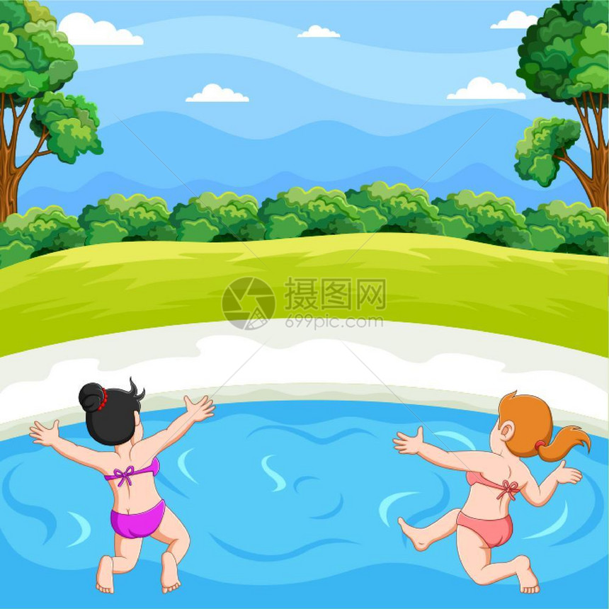 两个女孩在池塘里一起游泳图片