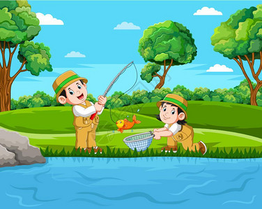 卡通可爱孩子在池塘边钓鱼图片