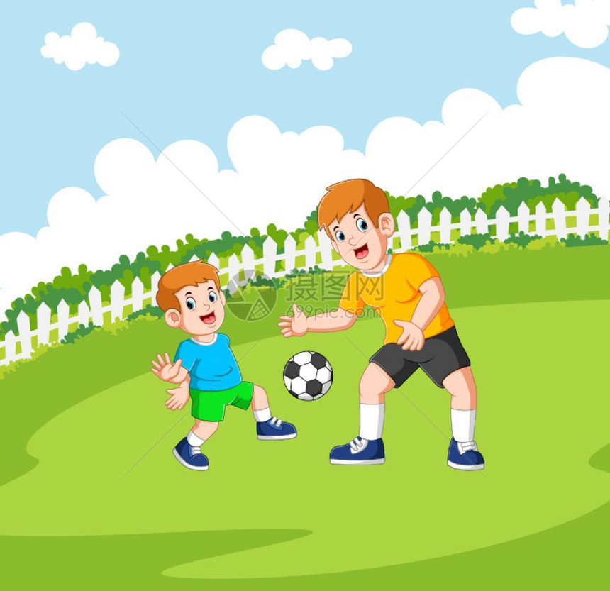 卡通可爱两个男孩在踢足球图片