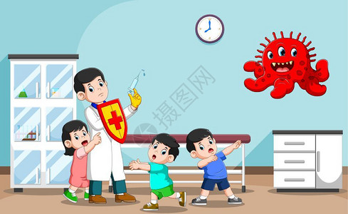 医生硕士为院中的儿童提供健康服务插画