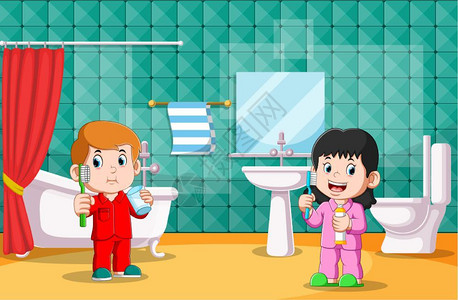 浴室刷牙男孩女在刷牙插画