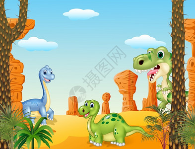 在史前背景中恐龙们卡通矢量插画图片