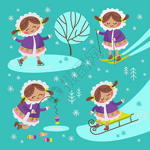 阿拉斯加雪橇冬天卡通可爱小女孩插画