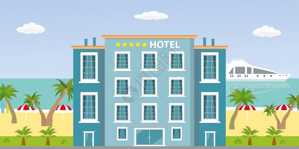 里斯旅馆旅馆建筑和海洋沙滩矢量图插画