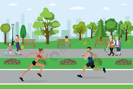 公園裡跑步人城市公园运动休闲的人们矢量图插画