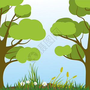 自然景观树木植物和草地矢量图背景图片