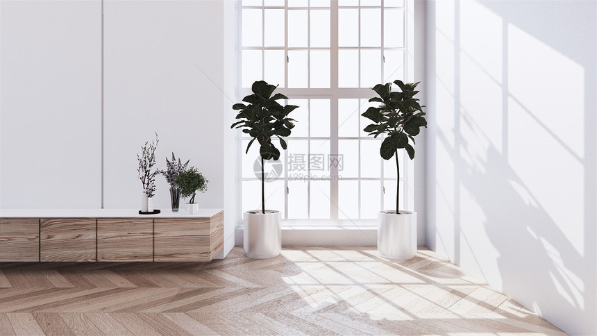 以白色墙壁和木地板热带内室客厅为顶层的木柜板3D图片