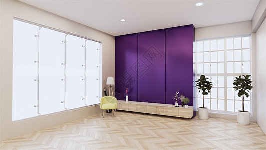 装在紫墙壁设计和木地板热带室内客厅的木制橱柜墙壁和地板图片