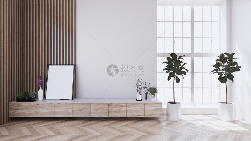 壁橱现代客厅配有木壁设计和制白地板图片
