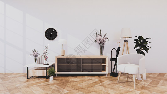 现代客房内的橱柜和woon地板上的白色墙壁为日式风格三维渲染图片