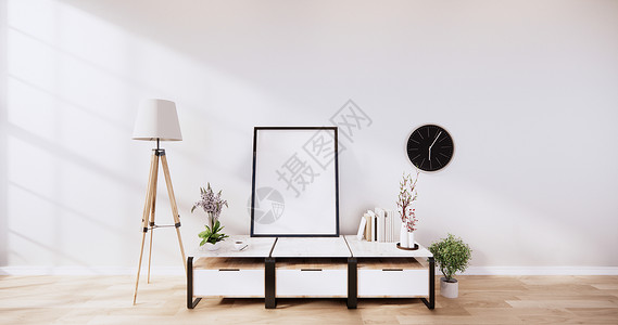 现代空房和白地板色间墙壁的现代空房柜桌和日本式的白墙3D图片