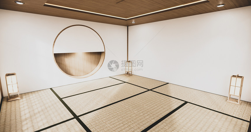 在日本有塔米垫床层的空客厅上架墙设计圆壁3d图片