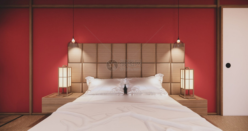 内热带房间和塔米垫底层热带室内和塔米垫层的红色日本人卧室设计图片