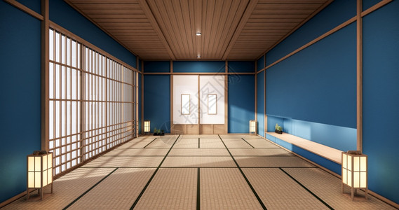 室内设计蓝色彩房间设计内装门纸和壁架墙在日本式的塔米垫地板室图片