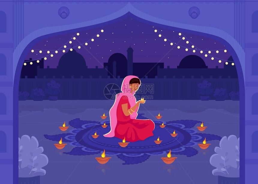 带diya蜡烛的wl节传统的hndu节祈祷具有城市风景背的印度女2d卡通人物配有sari祈祷平面彩色矢量的妇女配有diya蜡烛的图片