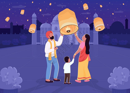 奥帕迪为了庆祝传统节日放孔明灯的印度一家三口插画