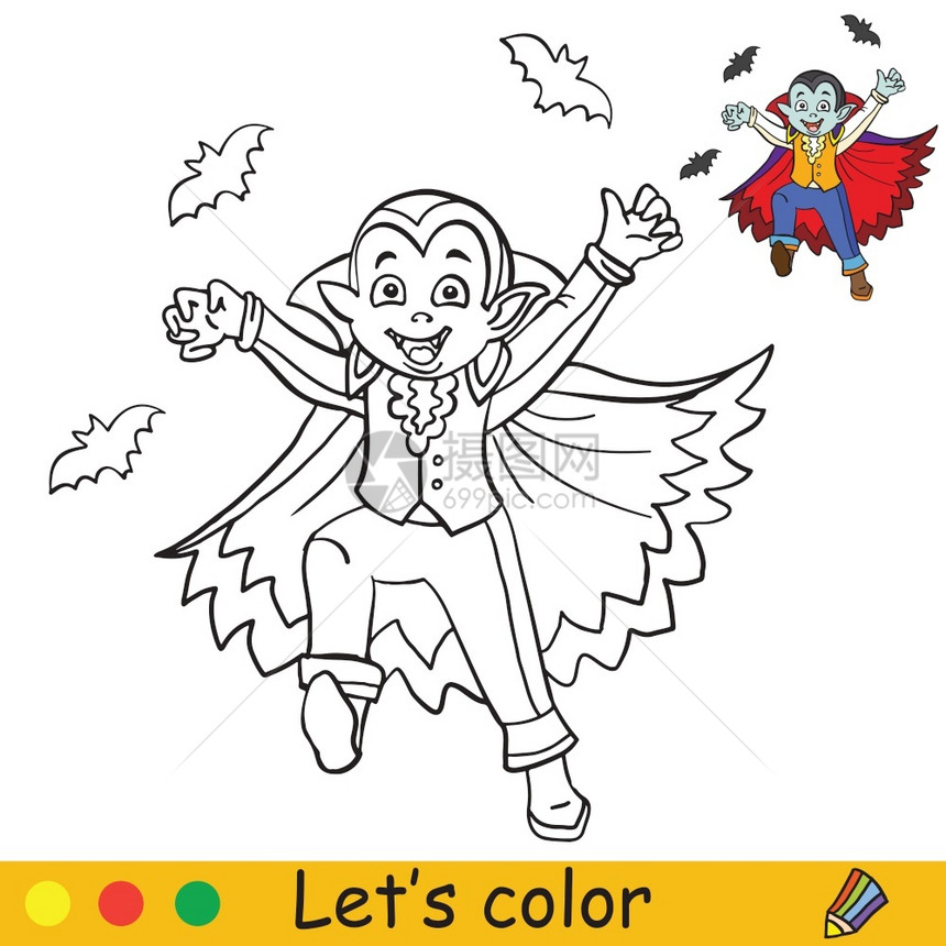 带有彩色示例的快乐的魔法少年填色漫画图片