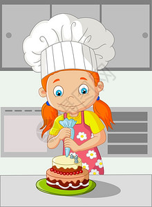 做蛋糕女人卡通小女孩做蛋糕插画