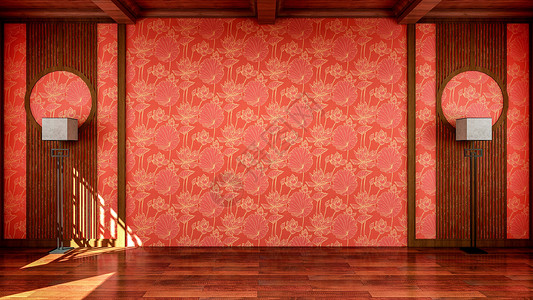 传统华风格的空房内用木制地板开放面积3D层背景图片