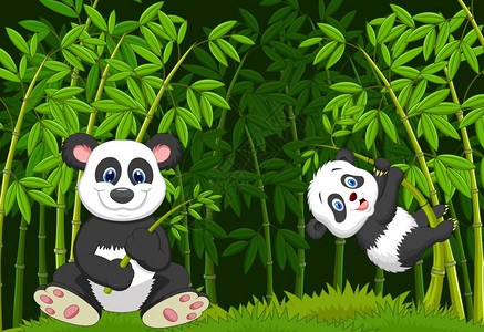 竹林里的卡通可爱熊猫背景图片
