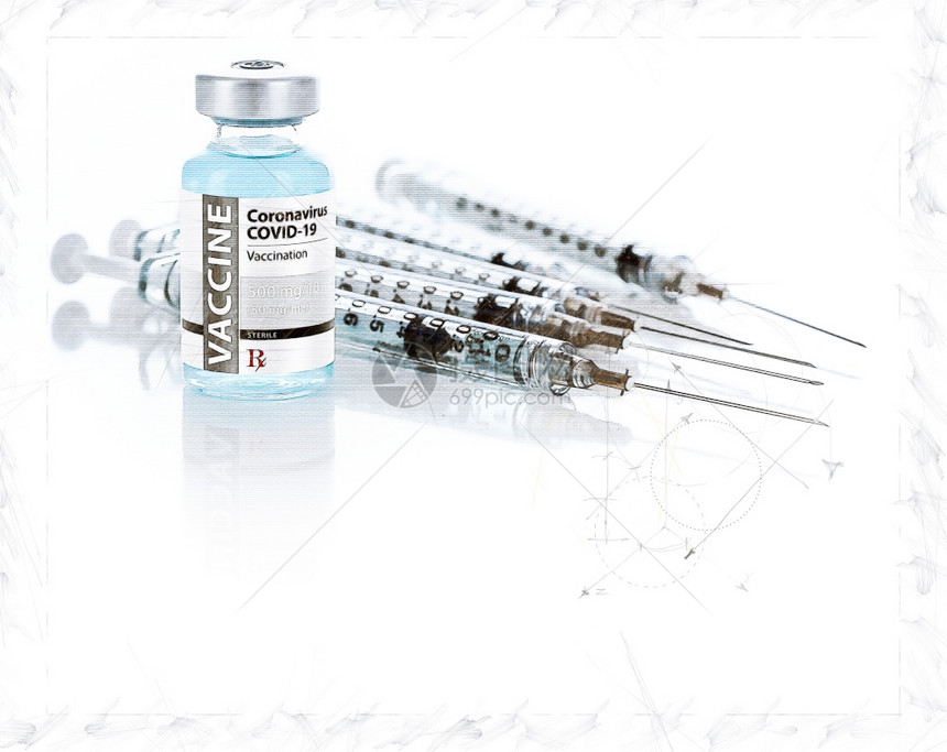 在反射面上画出科罗纳covid19疫苗瓶和几支注射器的艺术素描图片