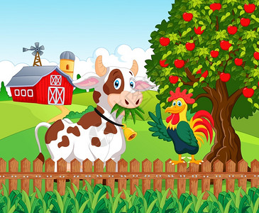 甘肃花牛苹果农场里快乐的牛和鸡插画