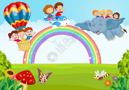 彩虹上的卡通小孩图片