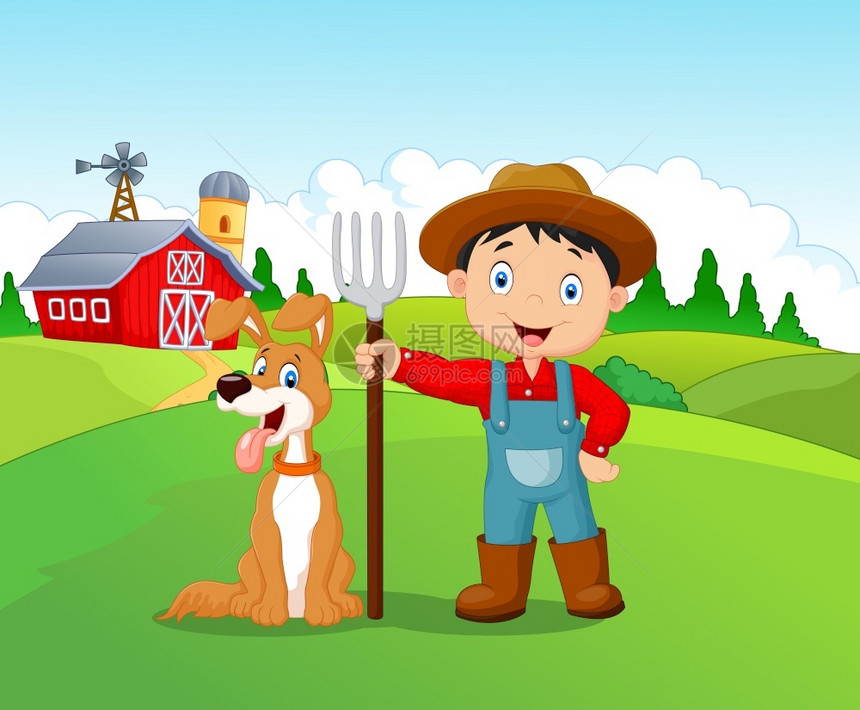 卡通小男孩和狗在农场里图片