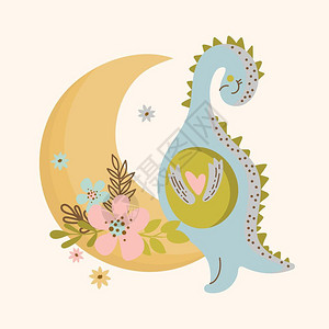 卡通可爱矢量恐龙与月亮元素插画图片