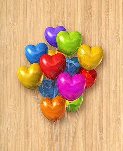 深木背景上的多彩心形气球组3d插图多彩心形气球组木背景上的气球组图片