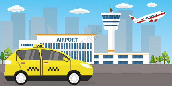黄色出租车和机场大楼其控制塔图插画